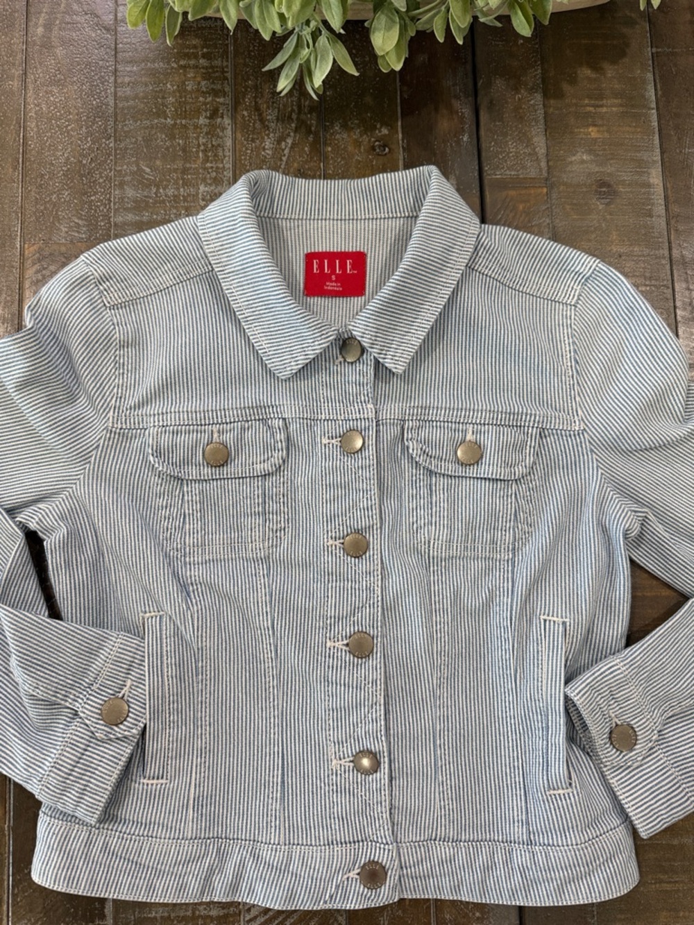 ELLE Blue & White Railroad Stripe Denim Jacket Size Small STRETCH
